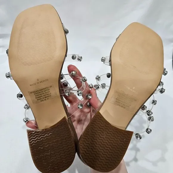 Steve Madden Intricate Clear Rhinestone Block Heel Slide Sandals 8 Dressy Party - Picture 8 of 11